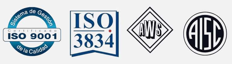 Contiene los logos de las certificaciones iso 9001-iso 3834-aws-aisc de la empresa ZPU